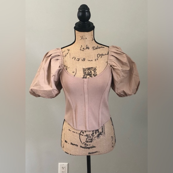 PRINCESSCORE ASTR THE LABEL TAUPE PUFF SLEEVE CORSET COTTAGECORE ROYALCORE TOP - Picture 1 of 8